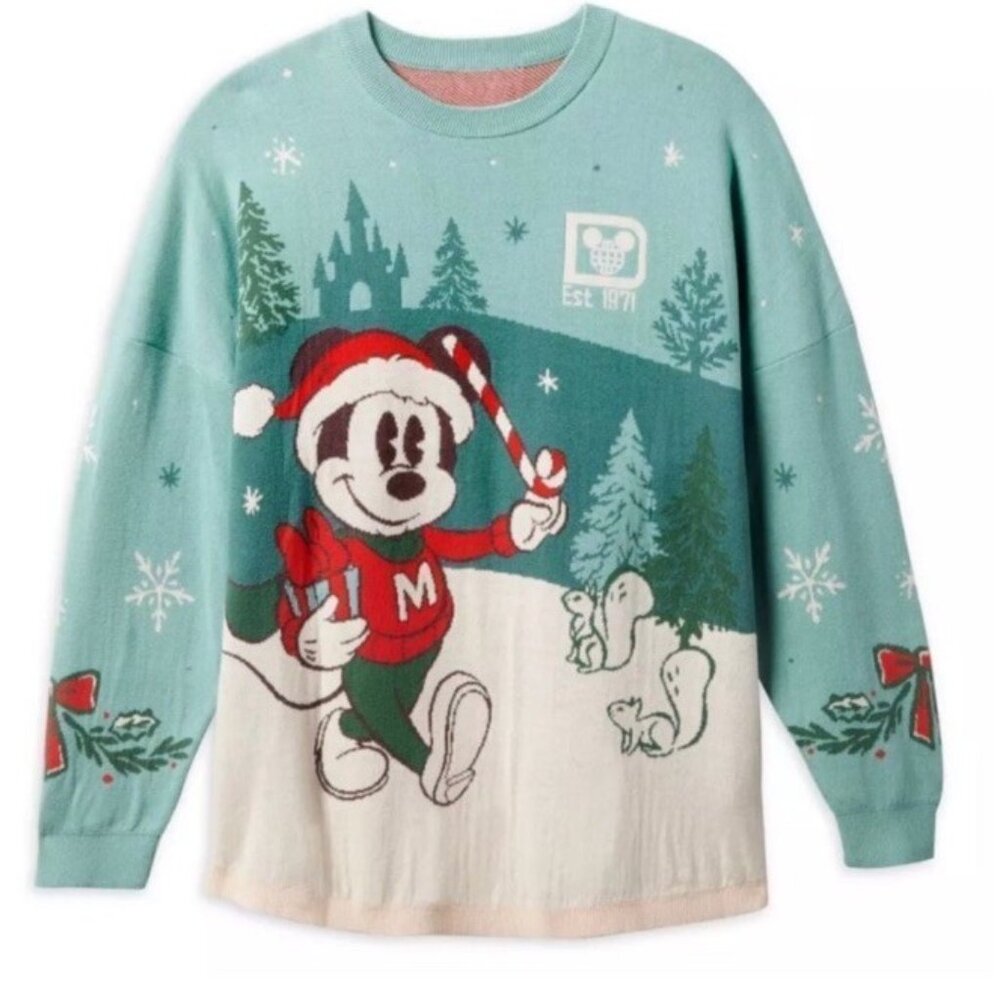 Disney Parks Mickey Mouse Christmas Spirit Jersey Green Sweater NWT Large - Picture 2 of 6